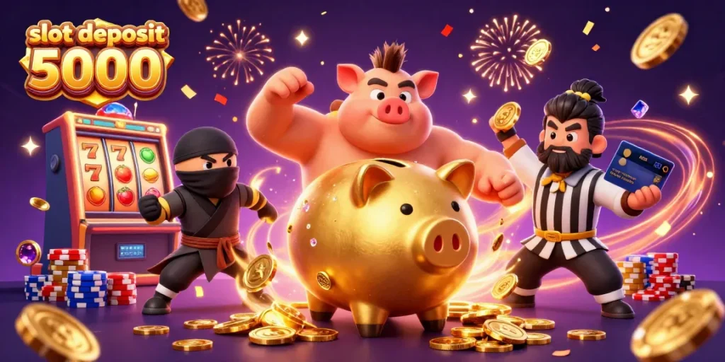 Slot deposit 5000: karakter utama menghadapi lawan seru dengan koin emas mengalir di seluruh gambar