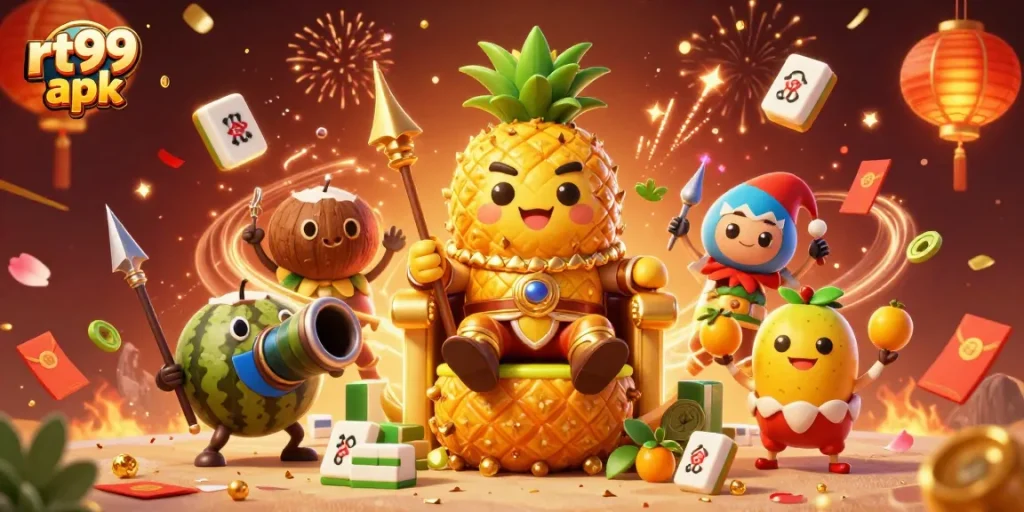 Experience the action with rt99 apk through vibrant casino-themed 3D art depicting a tropical king.