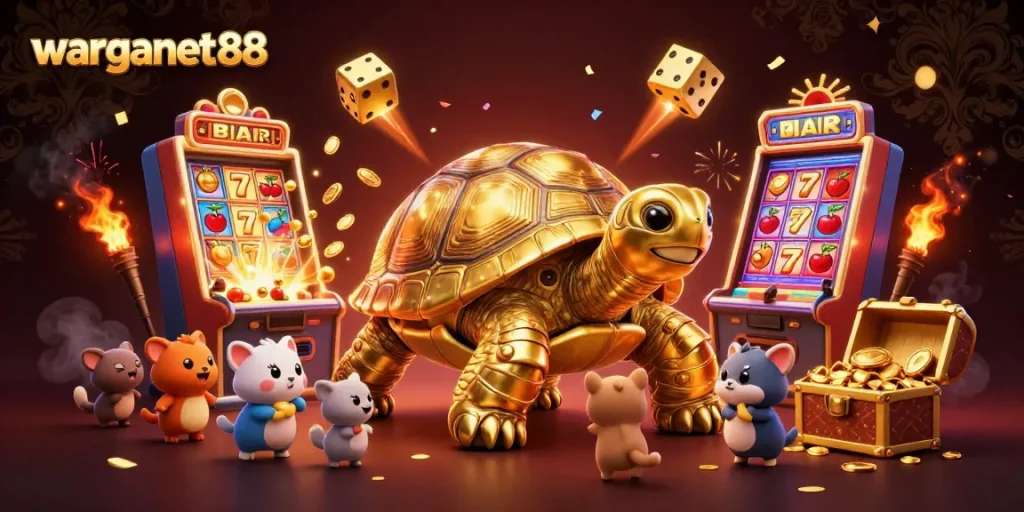 Join the excitement of warganet88 with a vibrant 3D illustration of a golden tortoise and slot machines.